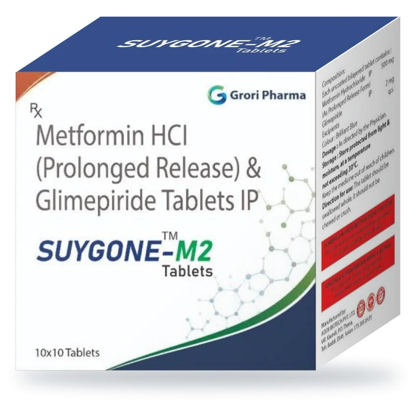 Suygone-M2 pack: Glimepiride 2 mg + Metformin Hydrochloride (prolonged release) 500 mg