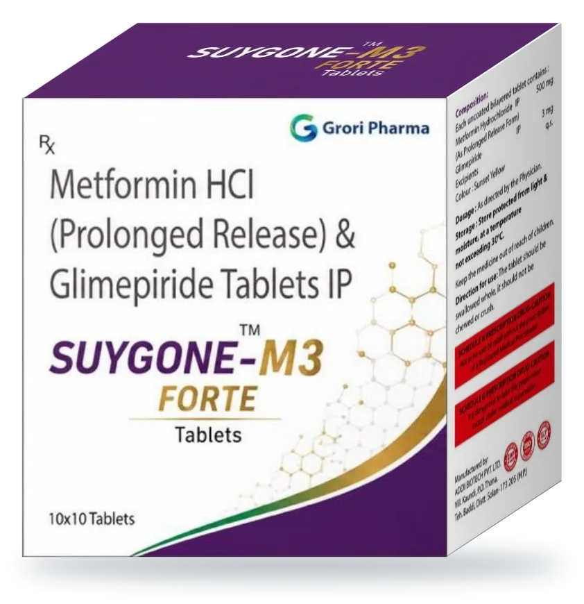 Suygone-M3 Forte pack: Glimepiride 3 mg + Metformin Hydrochloride (prolonged release) 1000 mg
