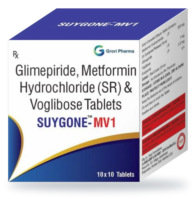 Suygone-MV1 pack: Glimepiride 1 mg + Metformin Hydrochloride (sustained release) 500 mg + Voglibose 0.2 mg